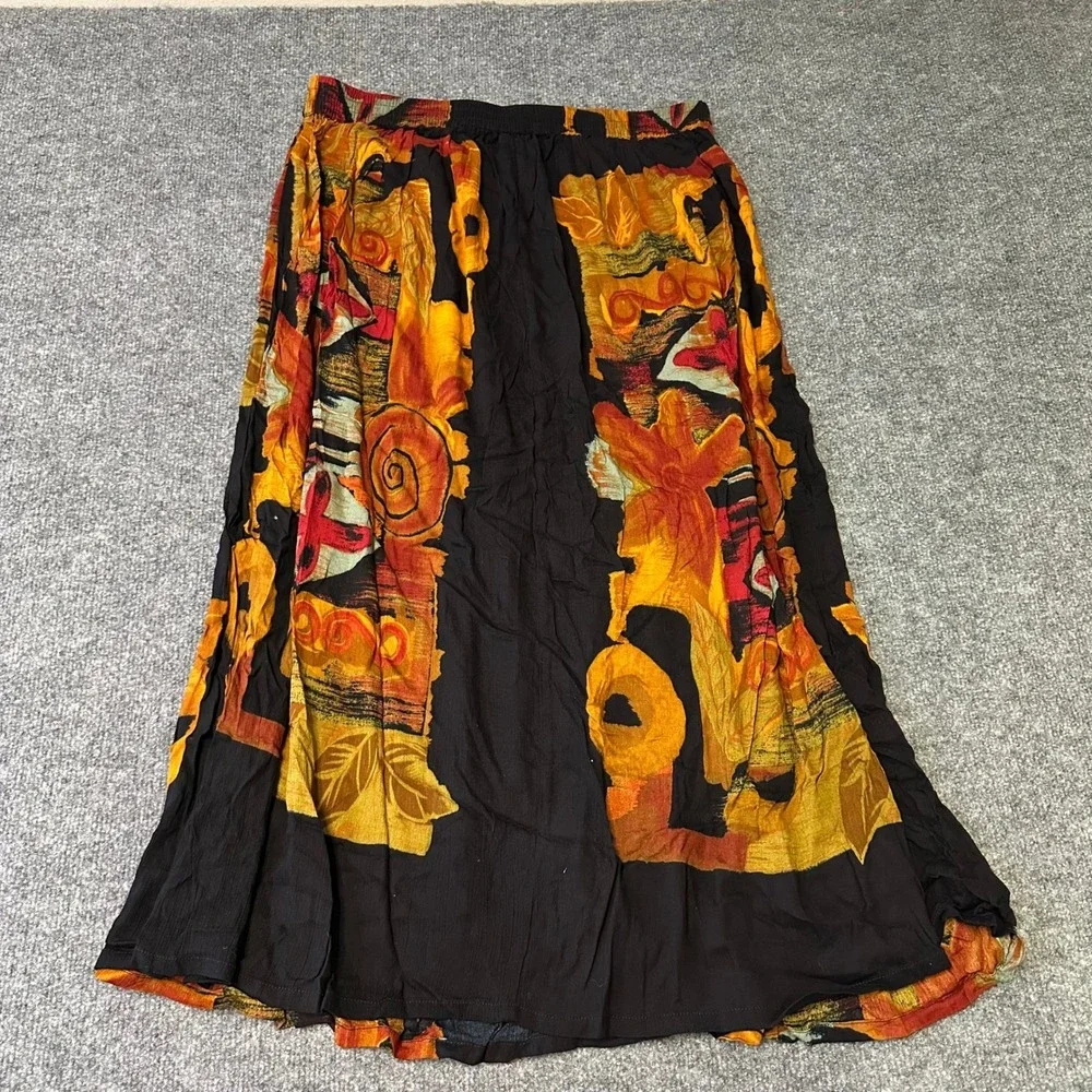 Unbranded Skirt Womens Size M Black Orange Abstract Art Print Flowy Maxi Skirt